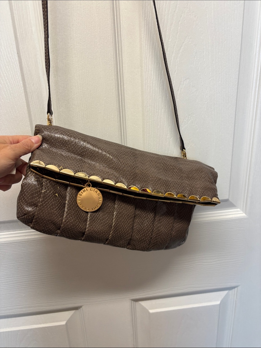 Gianni Bini Brown Snake Skin Look Quilted Crossbody Bag with Gold Trim